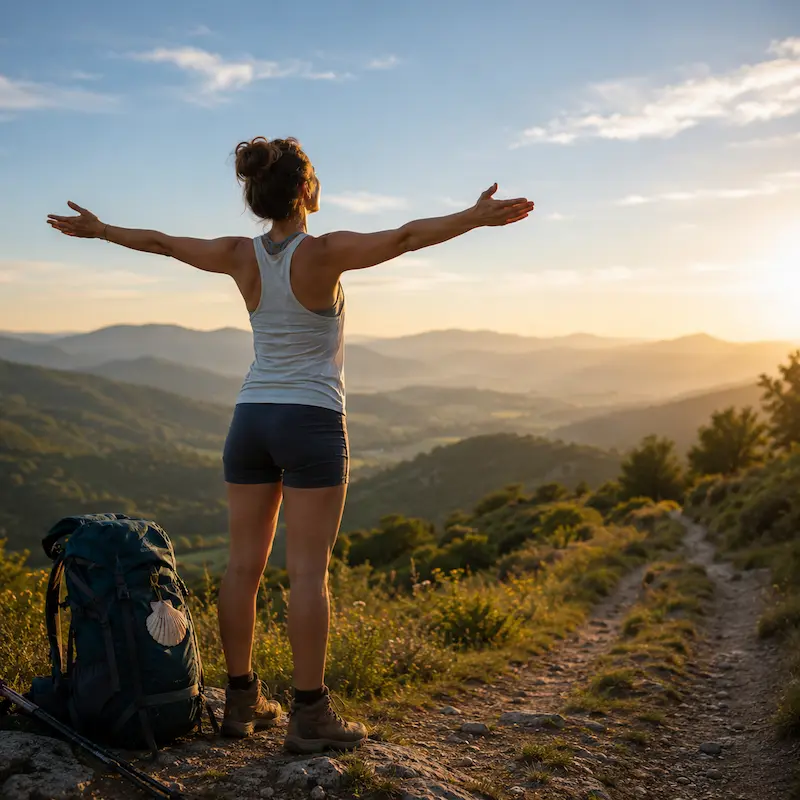 Peregrina meditando al atardecer en el Camino de Santiago