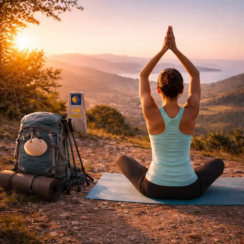 Mujer practicando yoga al atardecer junto a su mochila en el Camino de Santiago