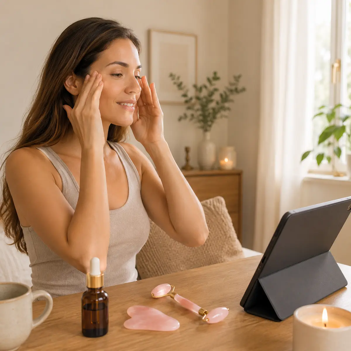 Manos relajando la frente y el entrecejo en una práctica de yoga facial