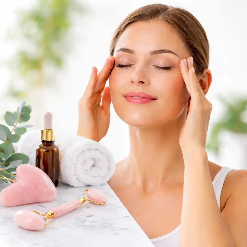 Mujer relajando su rostro con un automasaje facial consciente