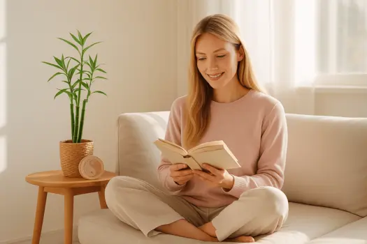 chica en el sofá leyendo sobre cómo ser feliz