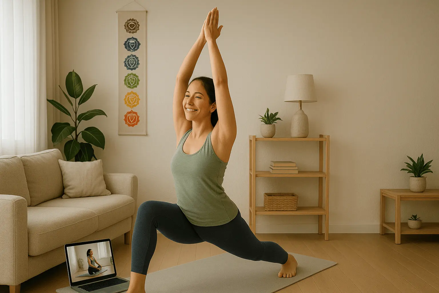 mujer practicando yoga online en casa mientras hace la postura del guerrero 1