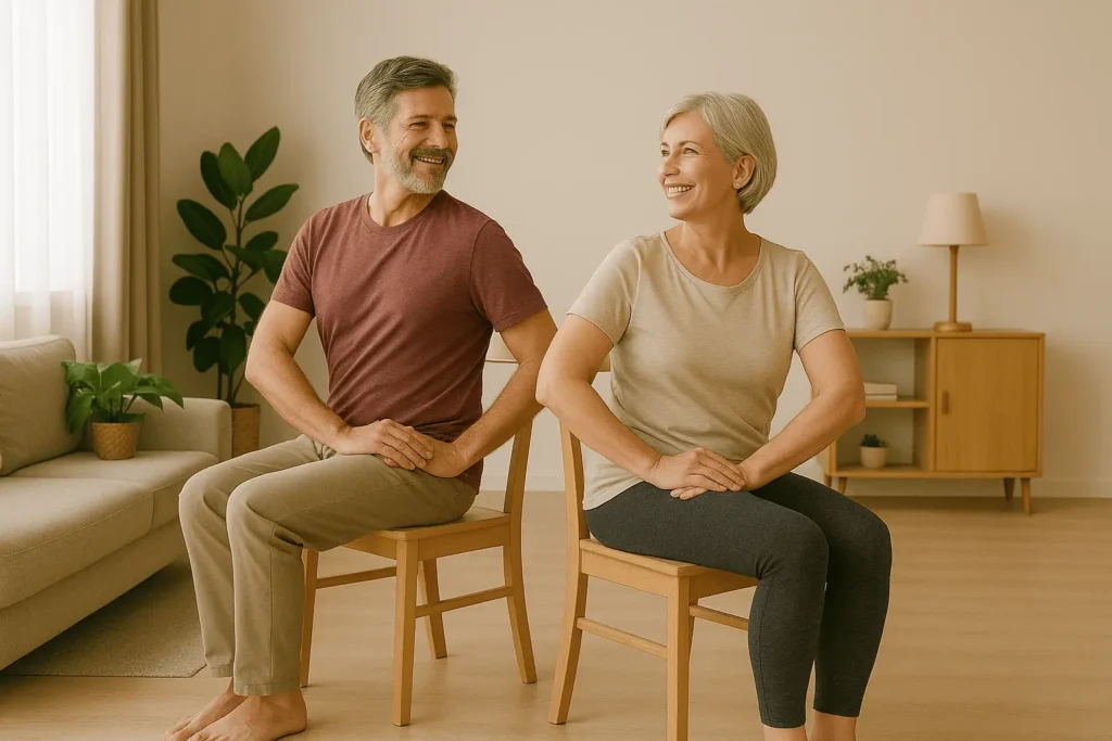 personas mayores haciendo ejercicios de yoga en silla