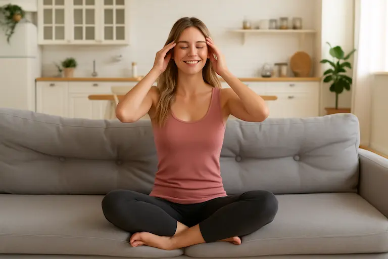 chica haciendo gimnasia facial y yoga facial en casa